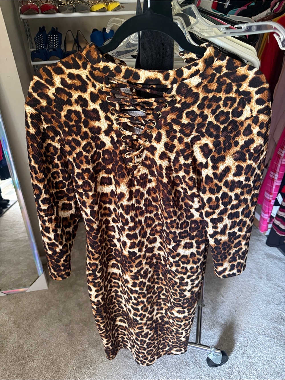 New York & Company Leopard Print Long Sleeve Lace-Up Dress - Brown/Black